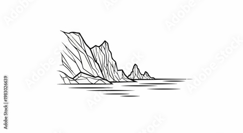 Stylized drawing of jagged mountains meeting calm waters