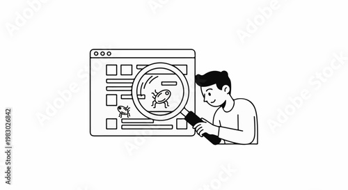 A person using a magnifying glass to examine bugs on a computer screen