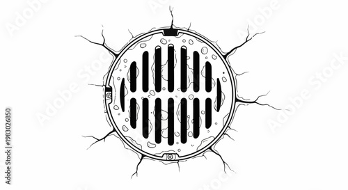 A rough, circular sewer grate with cracks emanating outwards on a white background