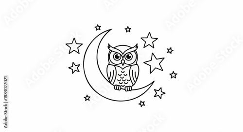 A line drawing of an owl perched on a crescent moon surrounded by stars
