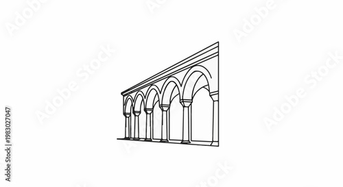 A line drawing of a series of arches supported by columns, viewed from an angle