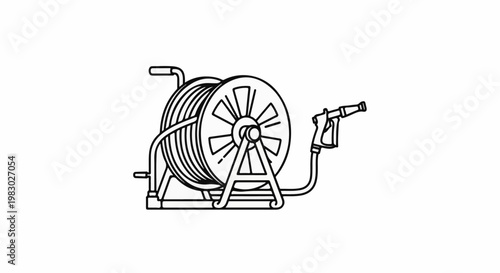 A line drawing of a hose reel with attached nozzle on a white background