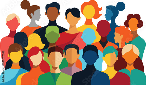 Large diverse crowd of people representing multicultural society and global diversity flat vector illustration.