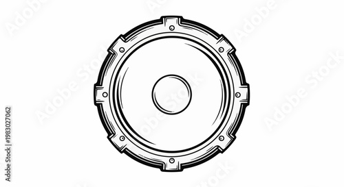 Stylized circular metal object with a central void and bolted outer rim