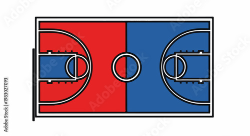 Stylized illustration of a basketball court, divided into red and blue halves