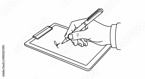 A hand in a suit sleeve signs a document on a clipboard with a pen
