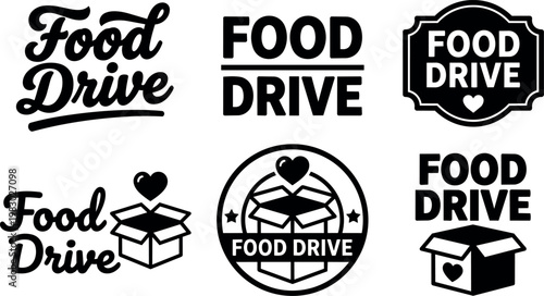 Black and white food drive text and box heart icons set vector illustration