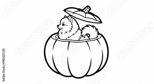A fluffy dog sits in a pumpkin with its lid slightly ajar