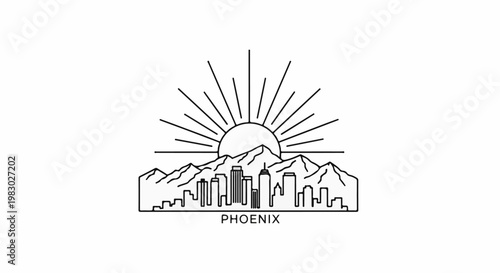 Stylized line art of a cityscape against mountains under a sunburst