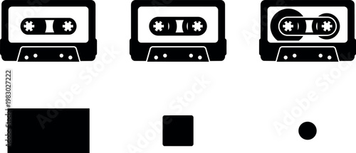 Black and white cassette tape icons with different button shapes vector art