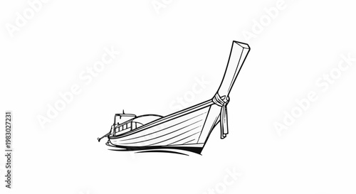 Stylized line drawing of a narrow, long wooden boat with a tall, pointed prow and a motor