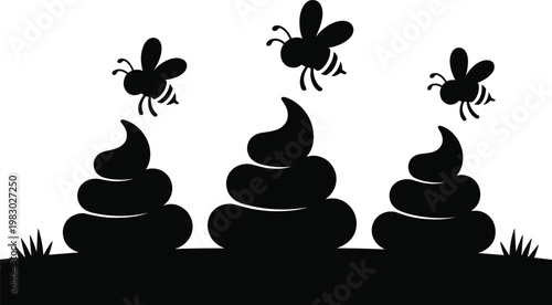 Black silhouette icons of flies and dung piles, vector graphics, animal waste, insect pests, farm hazards
