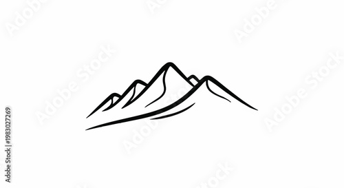 Stylized black ink drawing of multiple mountain peaks against white background
