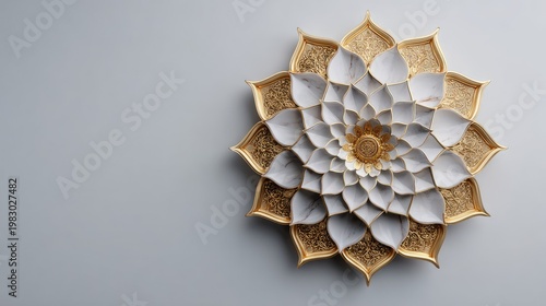 Decorative lotus flower design with intricate details and golden accents on a soft gray background, ideal for interior decor and artistic inspirations
