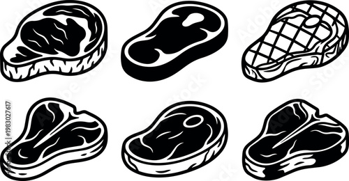 Black and white line art set of six different steak cuts vector illustration
