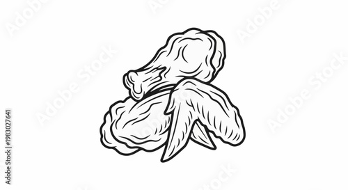 Stylized illustration of fried chicken pieces in black and white