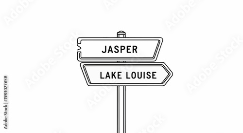 A black and white illustration of a directional signpost indicating Jasper and Lake Louise