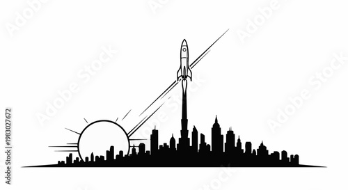 Stylized rocket launching over city skyline at sunrise