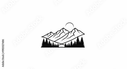Stylized mountain range with trees and a sun, rendered in black and white