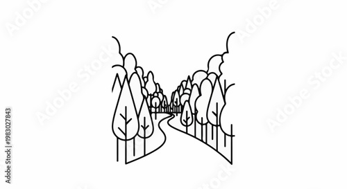 Winding path through a stylized forest with abstract trees