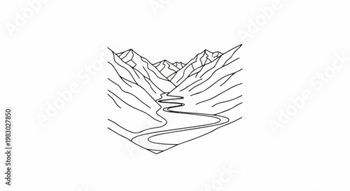Winding river flows through a dramatic mountain valley with sharp peaks