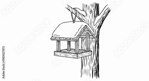 A simple line drawing of a snow-covered bird feeder hanging from a tree