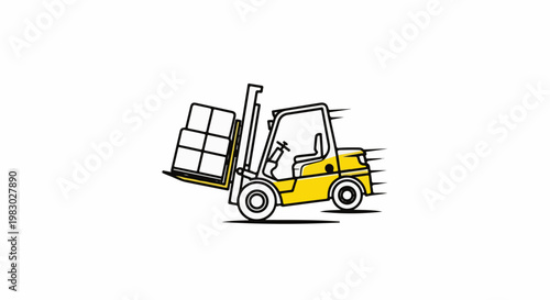 Yellow forklift carrying boxes, depicted with speed lines on a white background