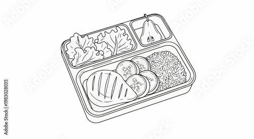 A simple line drawing of a partitioned meal with grilled meat, salad, rice, and fruit
