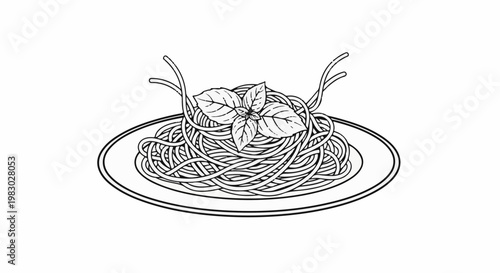 A simple line drawing of spaghetti with basil leaves on a plate