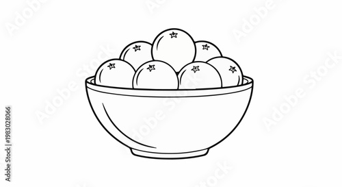 A simple line drawing shows a ceramic bowl filled with whole fruits