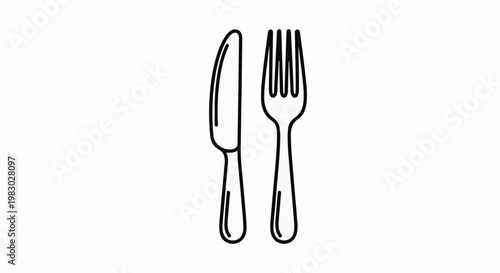 A simple line drawing shows a knife and fork on a white background