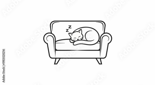 A simple line drawing depicts a cat curled up asleep on a plush sofa