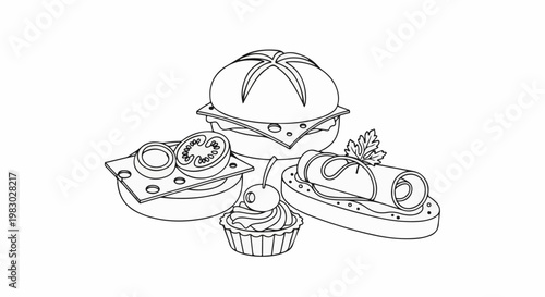 A simple line art illustration of various food items like a burger, cupcake, and rolled meat