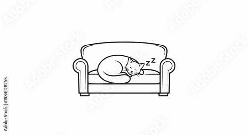 A simple line drawing depicts a cat curled up asleep on a sofa, with Zzz
