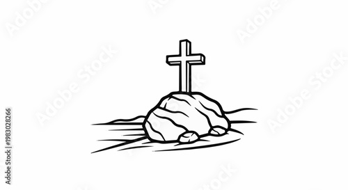 A simple line drawing depicts a cross atop a rock on a barren landscape