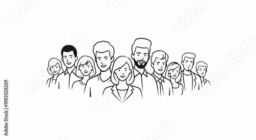 A simple line drawing depicts a diverse group of people with smiling faces