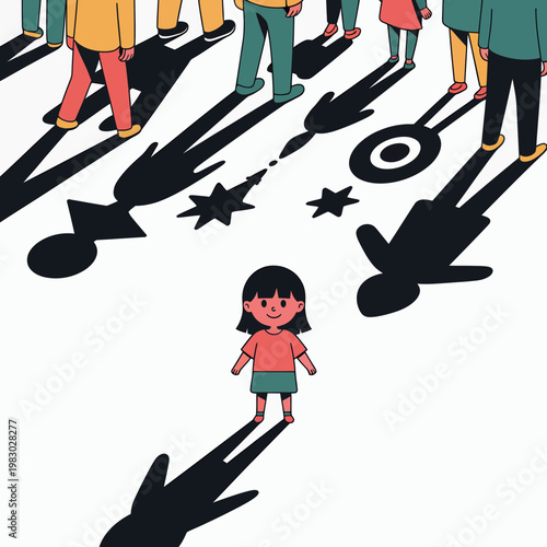 Little girl standing alone in a crowd with unique shadows representing personal identity and individuality amidst social conformity in a flat vector illustration style