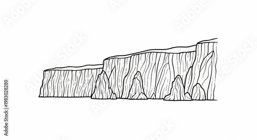 A simple line drawing depicts a layered cliff face with jagged rock formations at its base