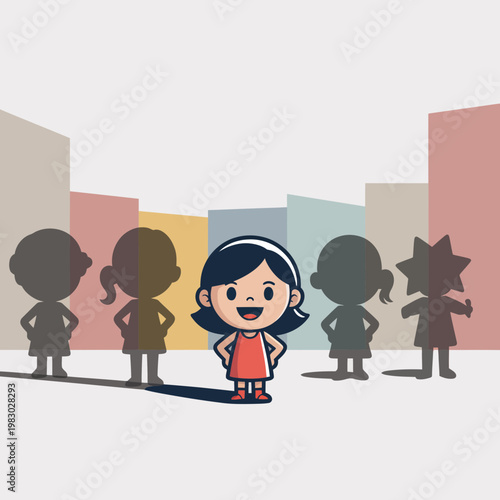 Confident young girl standing out from the crowd as a unique individual leader surrounded by dark silhouettes of peers against a minimalist pastel geometric background