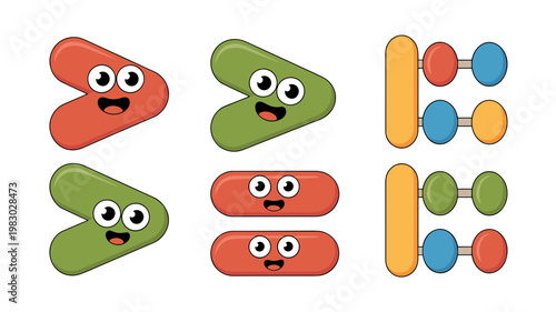 Cute Math Symbols Vector Set Greater Than, Less Than and Equal with Abacus Characters