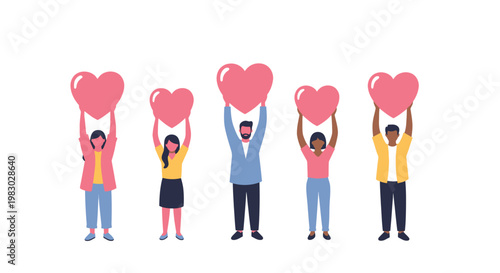 Diverse group of people holding pink hearts expressing love and community support.