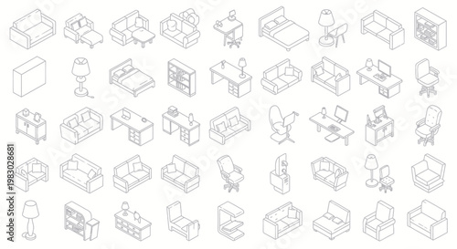 Isometric furniture icons set for home and office interior design