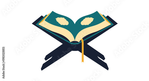 Open Holy Quran on a traditional rehal book stand.