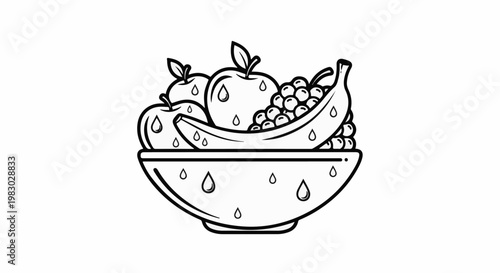A simple black and white drawing of a bowl of assorted fruits with raindrops