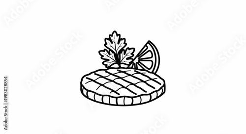 A simple black and white drawing of a grilled patty with a lemon slice and herb garnish