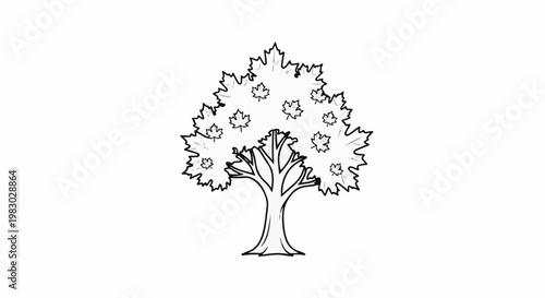 A simple, black and white drawing of a deciduous tree with many leaves