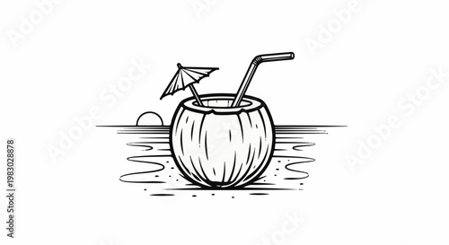 A simple black and white drawing of a halved coconut with a straw and umbrella