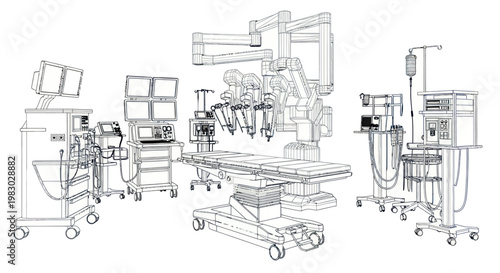 Advanced robotic surgery system in an operating room, line art rendering.
