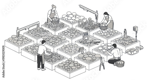 People harvesting mushrooms in a modern farm.