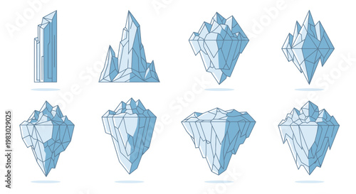 Set of stylized icebergs in various shapes and sizes.